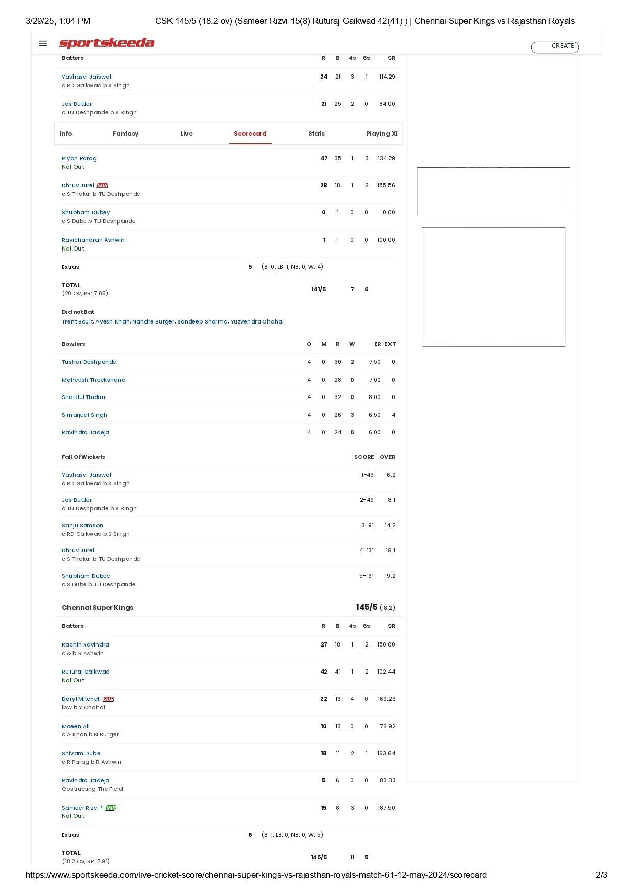 CSK vs RR IPL 2024 scorecard.